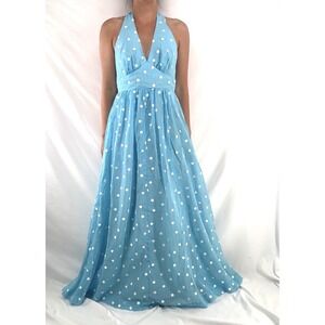 Blue Polkadot Halter Maxi Dress XS Vintage 70s Pin Up Retro Wedding Prom Party